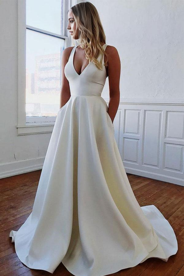 Ivory A-line satin wedding dress with V-neck and elegant bow-knot detail.