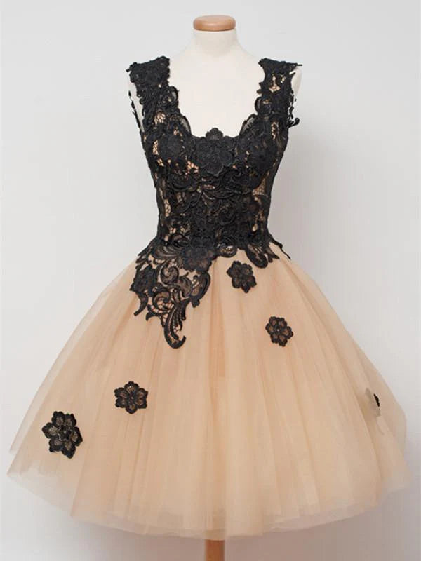 Elegant A-line V-neck dress with lace appliques.
