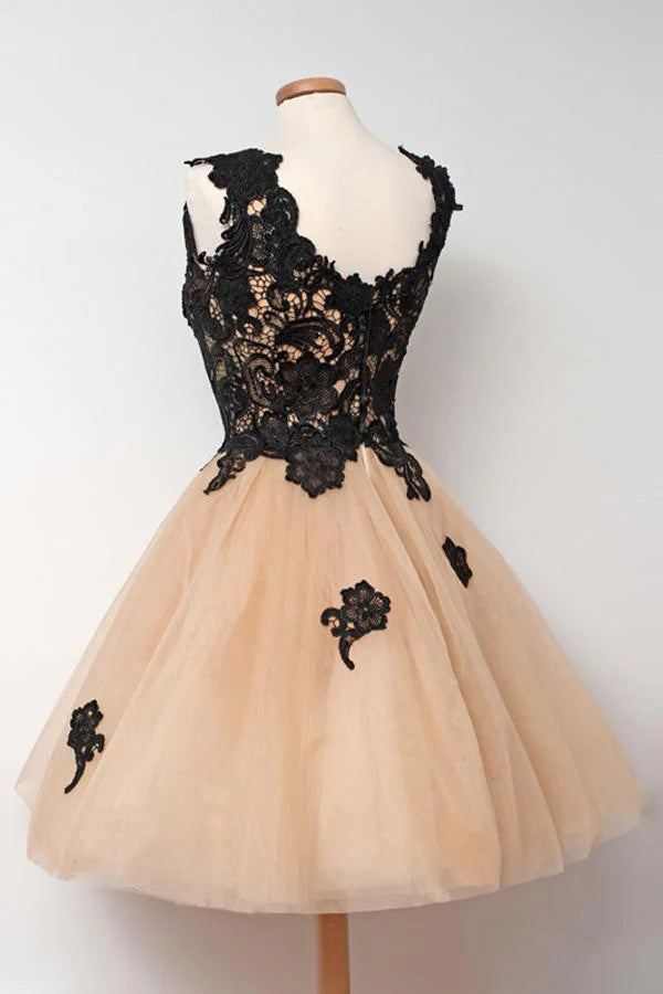 Back view of A-line V-neck dress with delicate lace appliques.