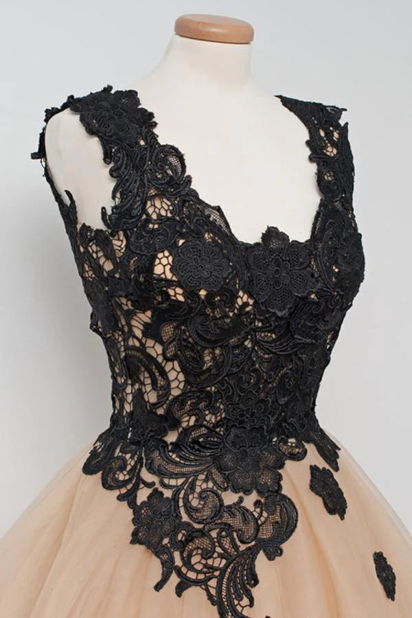 Side view of A-line V-neck dress, highlighting lace details.