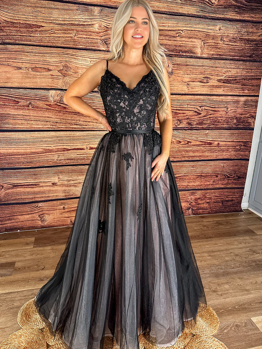 Elegant black A-line wedding dress with lace applique and spaghetti straps.