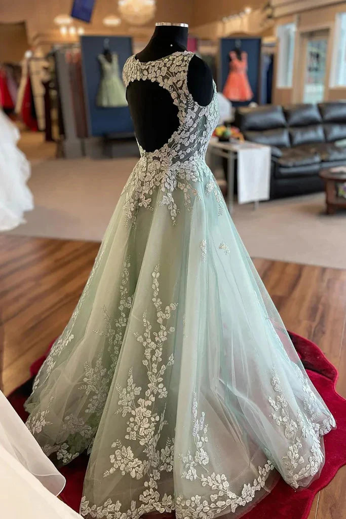 Back view of the A-line V-neck lace applique long prom dress.