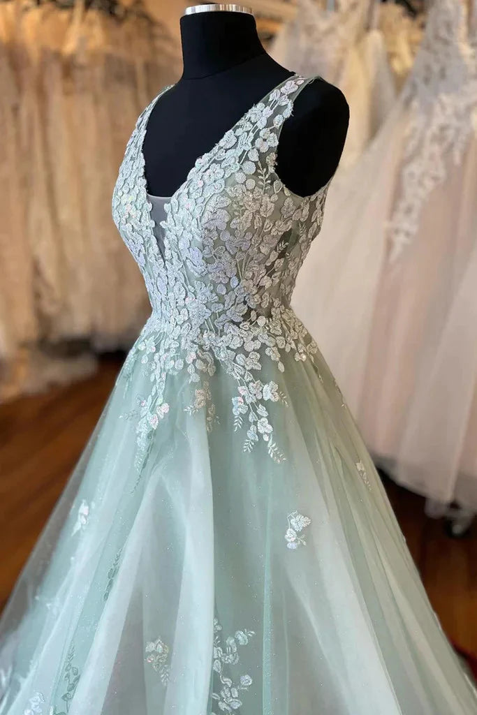 Side view of the A-line V-neck lace applique long prom dress, showing lace details.
