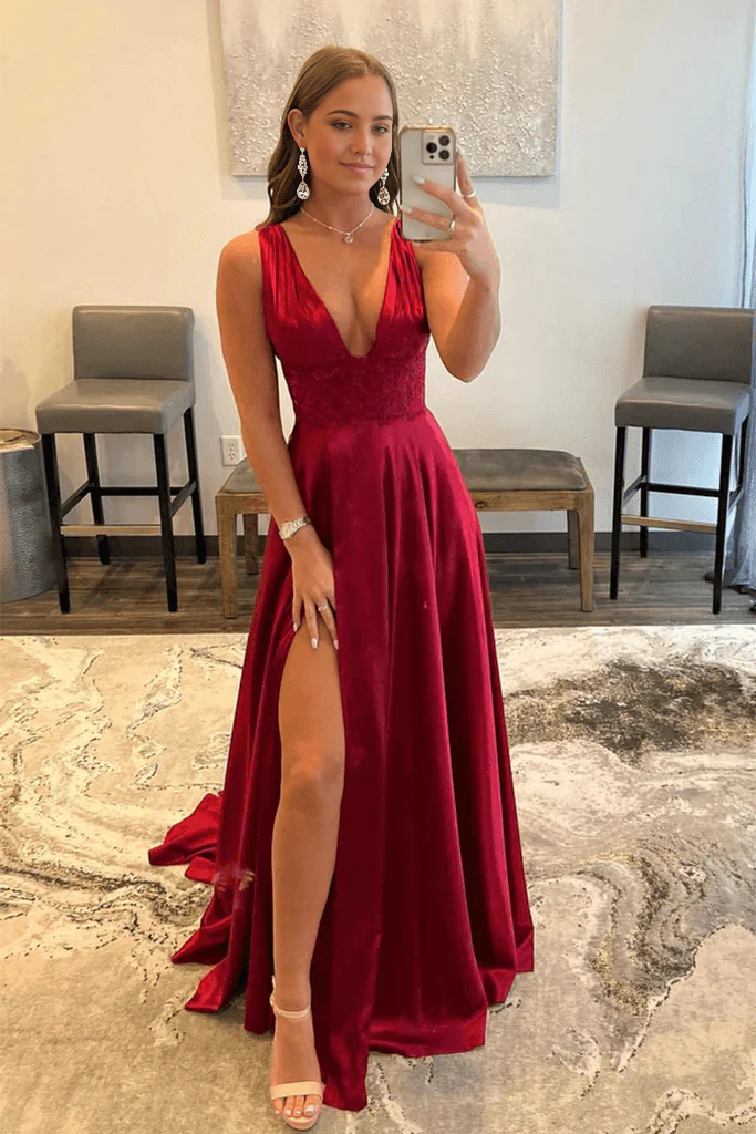 Elegant burgundy A-line V-neck lace prom dress with high slit.
