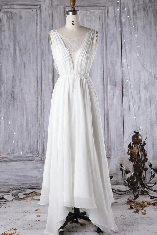 Elegant A-line lace and chiffon wedding dress with V-neck and asymmetric open back.