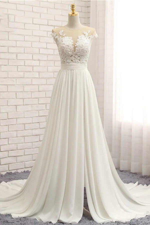 Elegant A-line lace and chiffon wedding dress with V-neck and front slit.