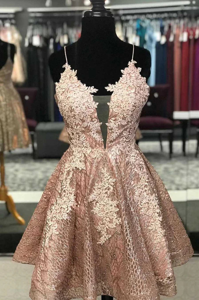 Front view of an A-line lace homecoming dress with V-neck.