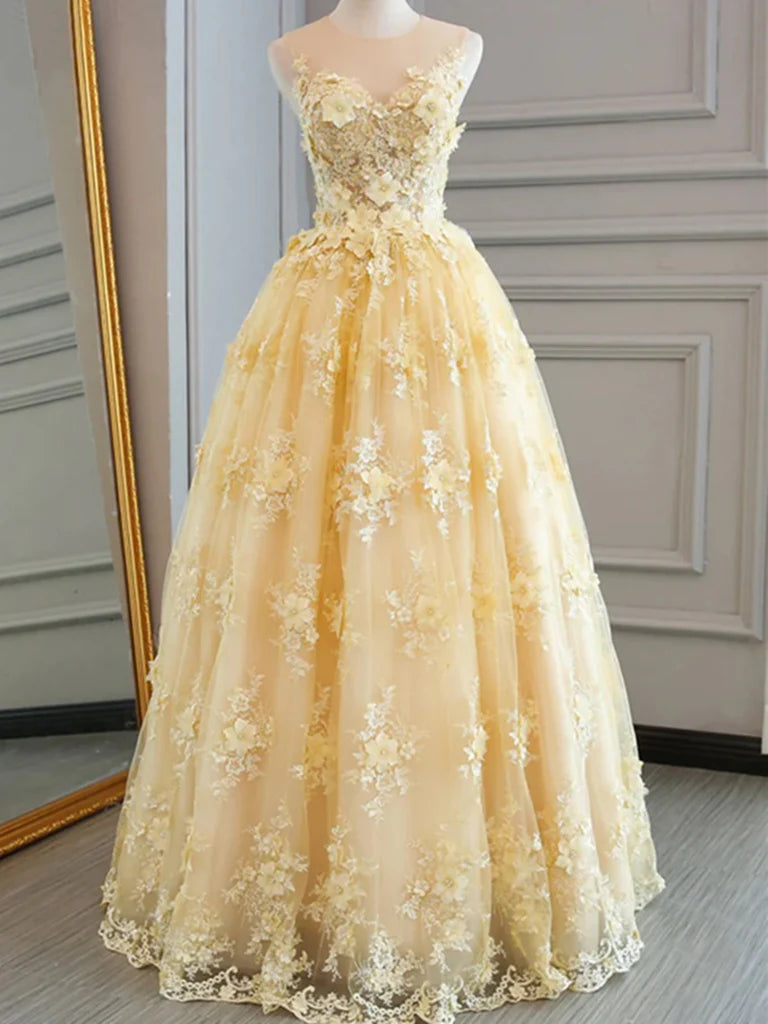 Woman wearing an elegant A-line V-neck long prom dress with delicate lace details.
