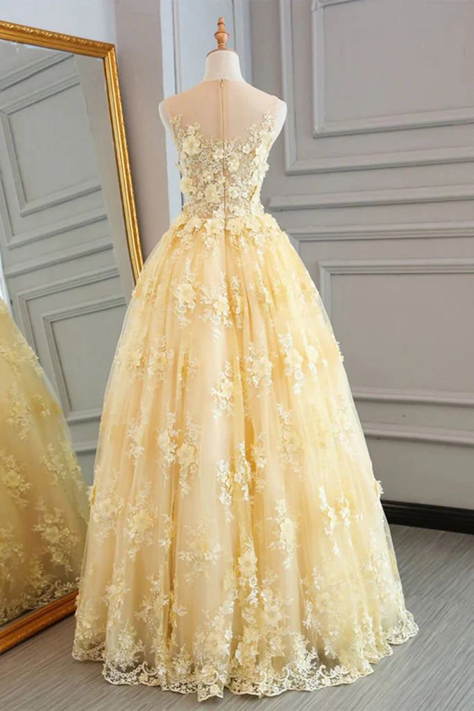 Close-up of the lace bodice and flowing skirt of the A-line V-neck prom dress.