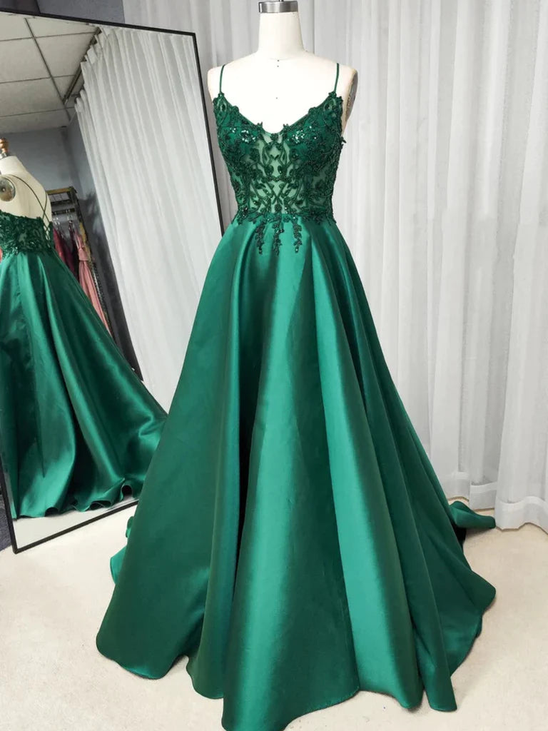Elegant A-line V-neck lace long prom dress with an open back.