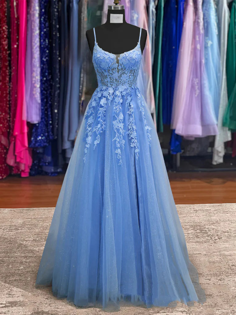 Elegant A-line V-neck lace prom dress, front view.