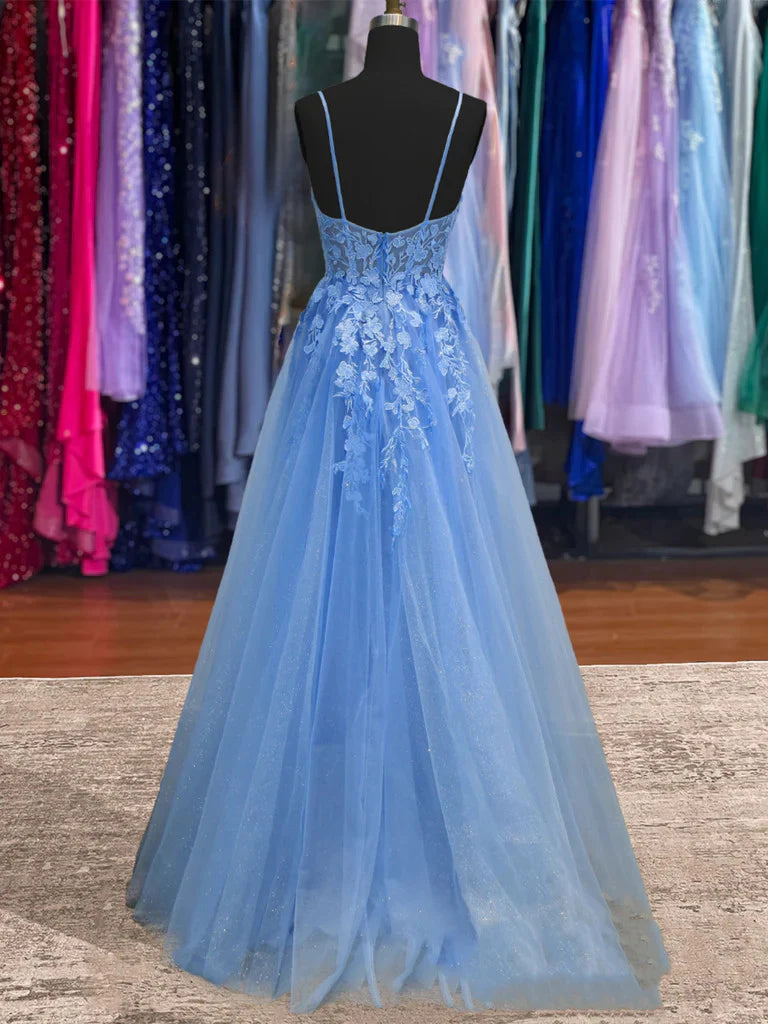 A-line V-neck lace prom dress, back view with open design.