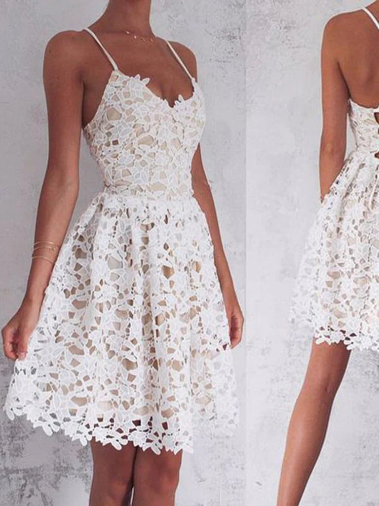 A-line V-neck lace short dress with spaghetti straps and backless design.