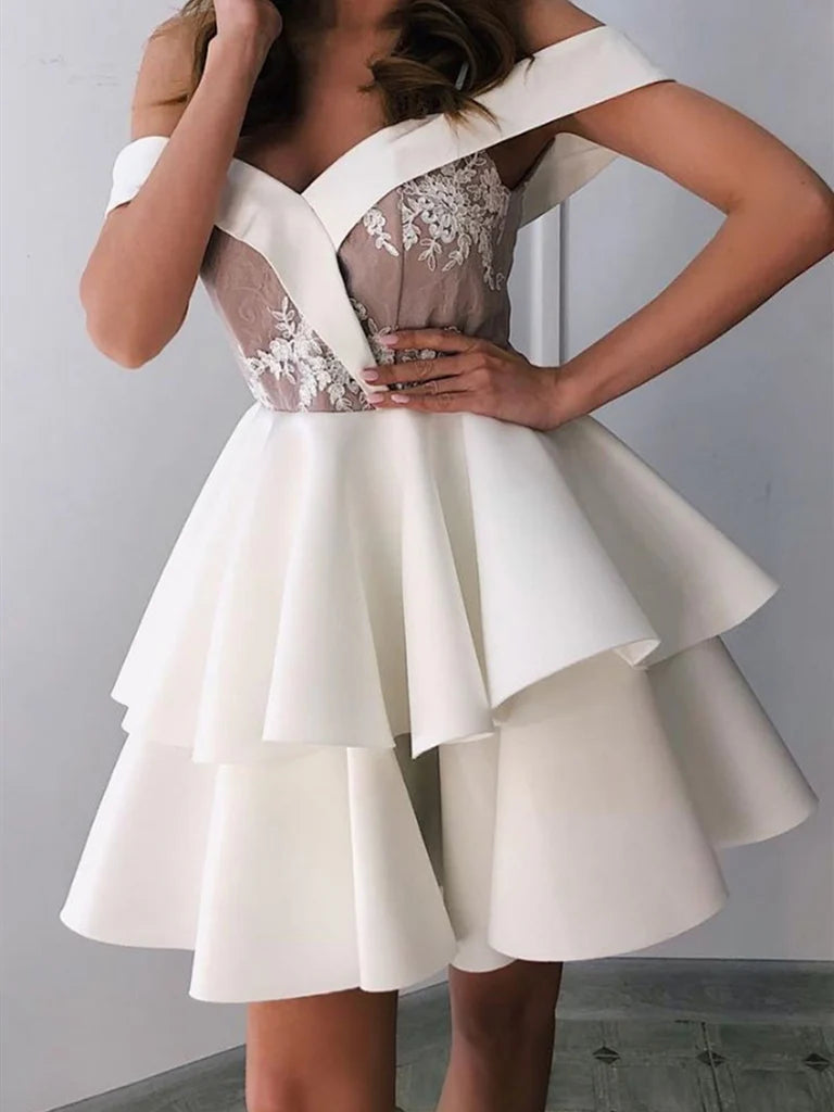 Elegant A-line V-neck lace short dress for prom and homecoming.