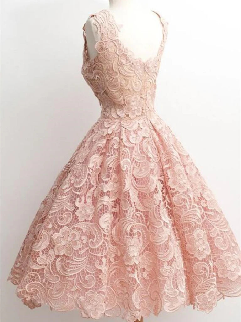 A-line lace V-neck short dress on a model, side view.