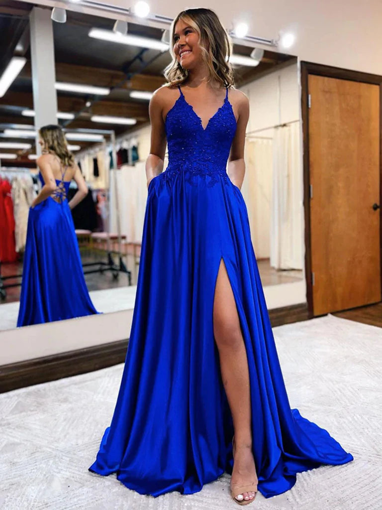 Elegant A-line V-neck lace long prom dress in a dark color.
