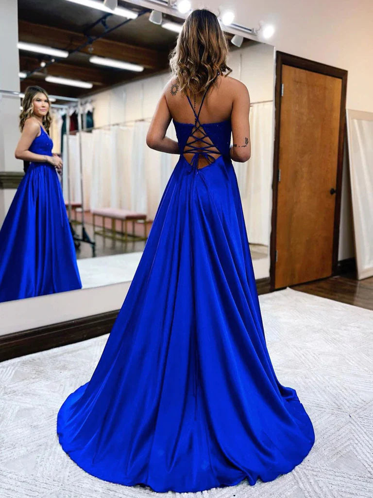 A-line V-neck lace long prom dress, showcasing delicate lace details.