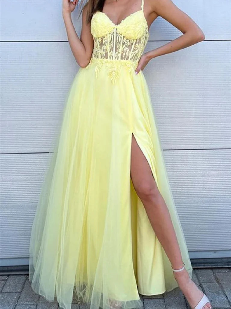 Elegant A-line V-neck lace long prom dress with a high slit.