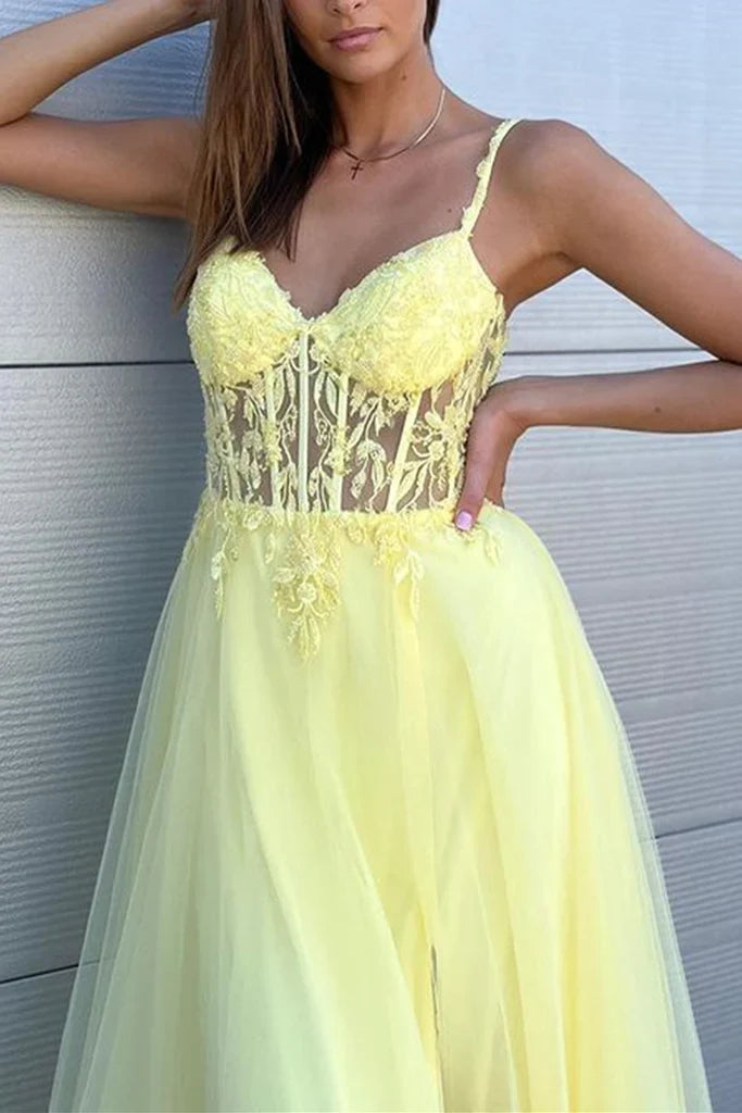 Full view of the A-line V-neck lace prom dress, showcasing its long silhouette and slit.