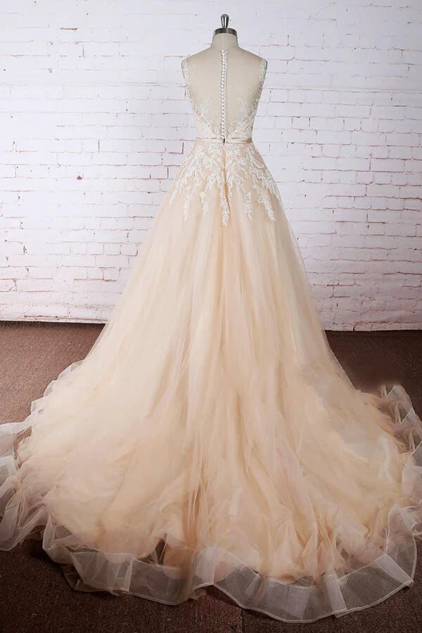 Back view of the A-line tulle wedding dress, showcasing its elegant train.