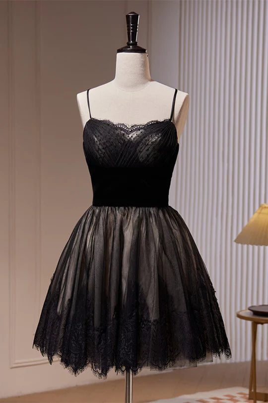 A-line V-neck homecoming dress with lace and pleated straps.