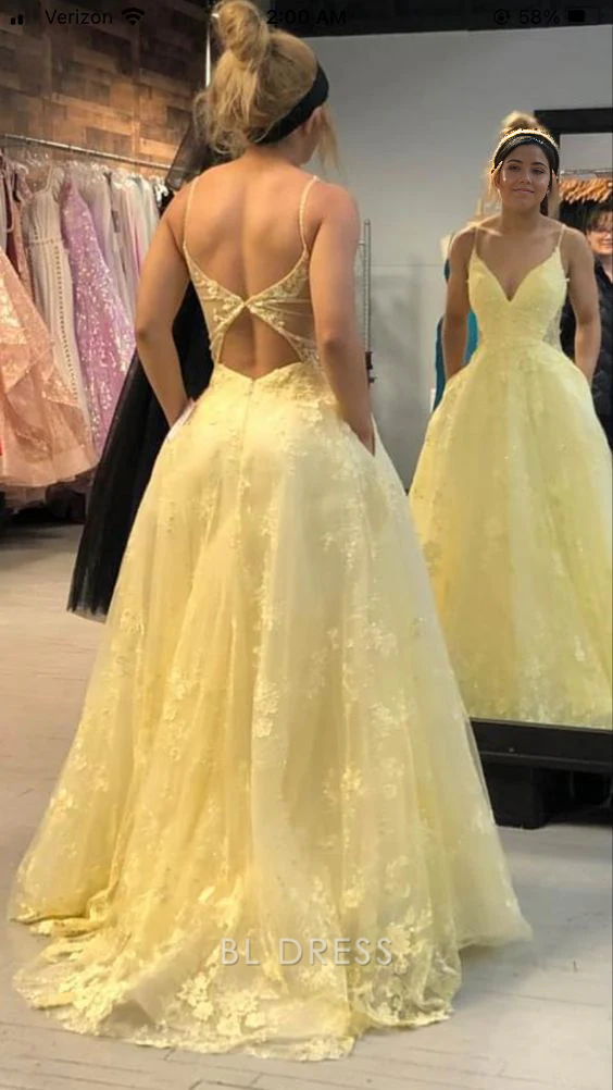 Elegant yellow A-line V-neck lace formal dress.