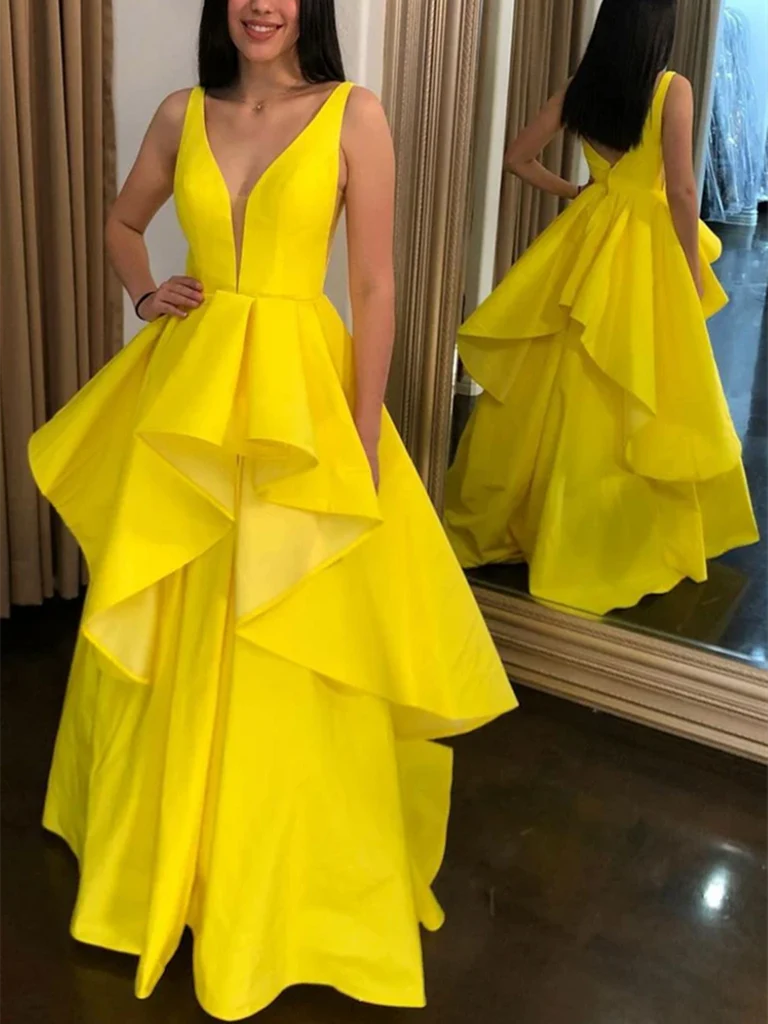 Model wearing an elegant A-line V-neck layered satin long prom dress.