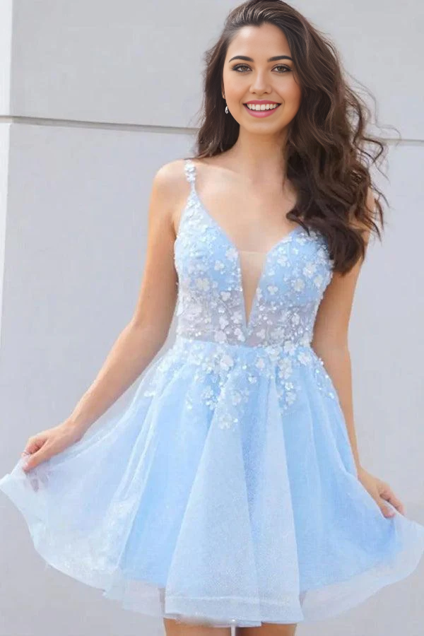 Side view of a light blue A-line dress featuring lace and floral patterns.