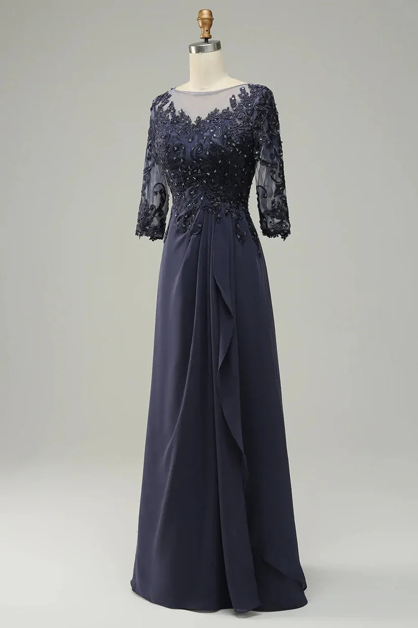 Elegant A-line mother of the bride dress with long sleeves and appliques.