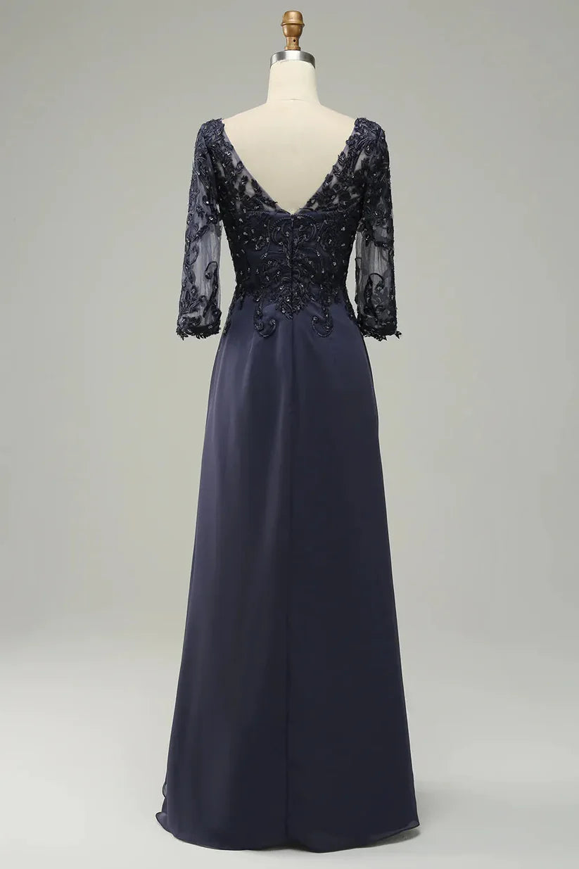 Back view of the A-line V-neck gown, showcasing delicate appliques.