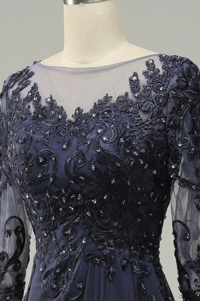Side profile of the long sleeve formal dress, highlighting the flowing silhouette.