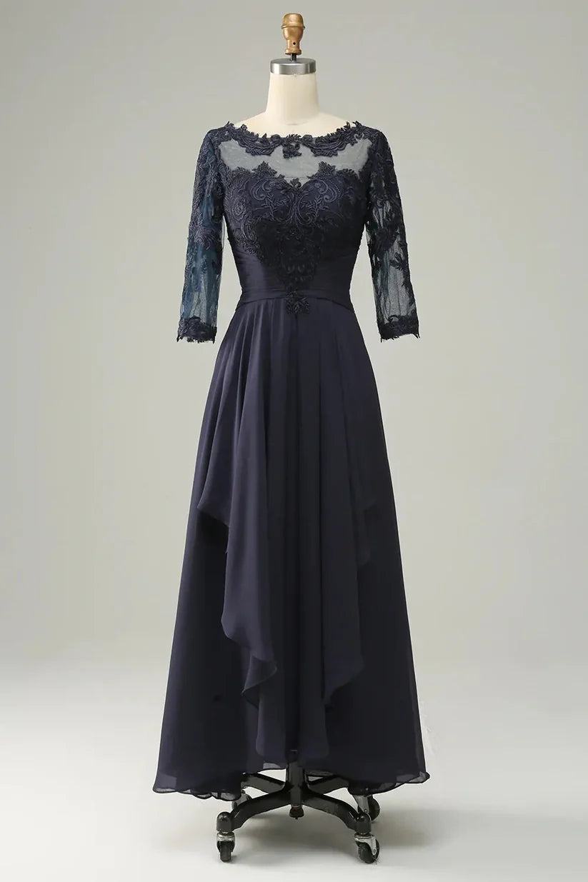Elegant A-line asymmetrical Mother of the Bride dress with long sleeves and V-neck.