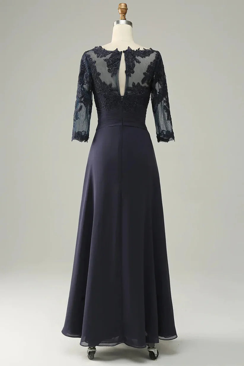 Side view of the elegant A-line dress, showcasing the long sleeves.