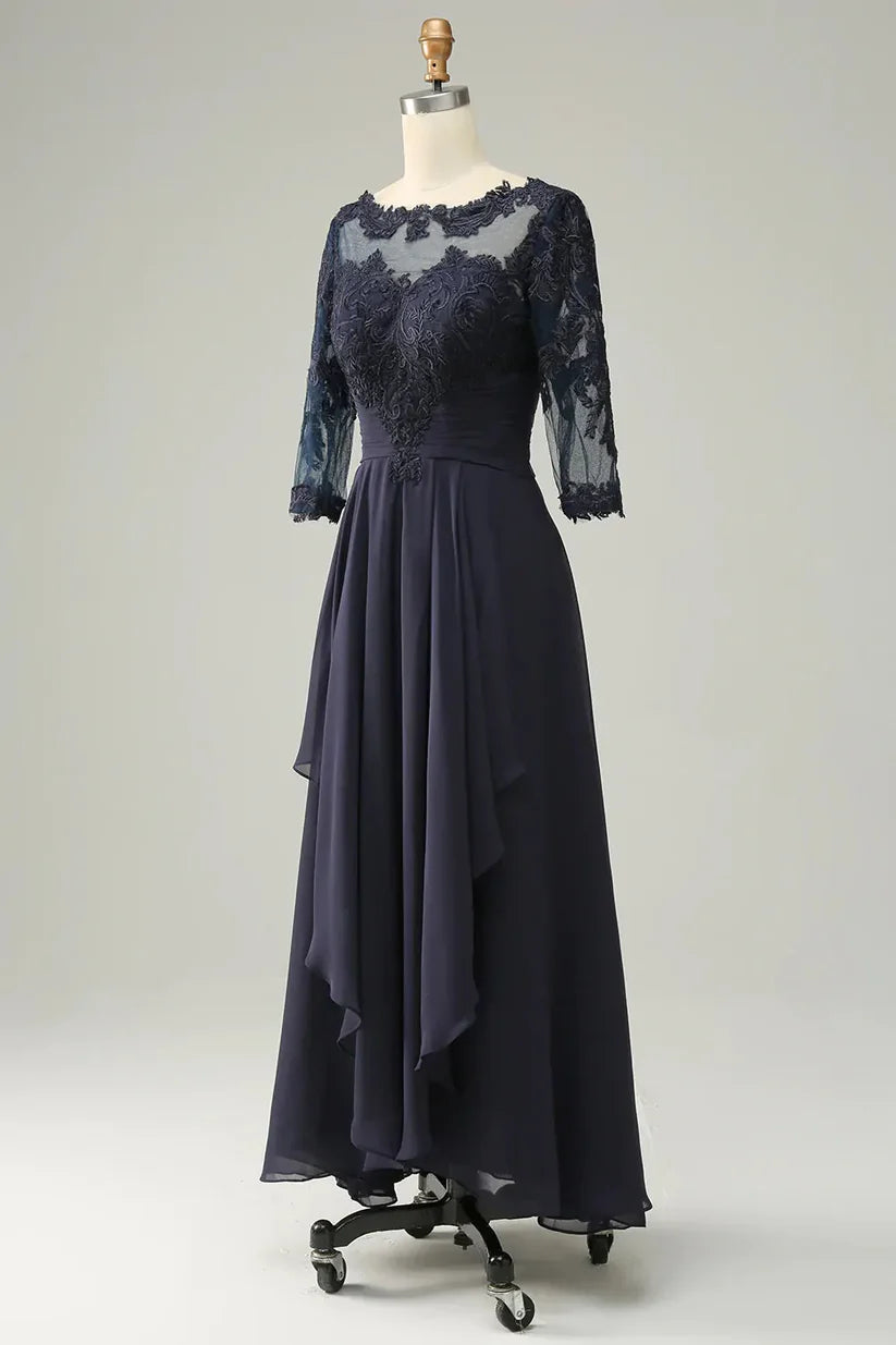 Back view of the formal V-neck gown, highlighting the asymmetrical hem.