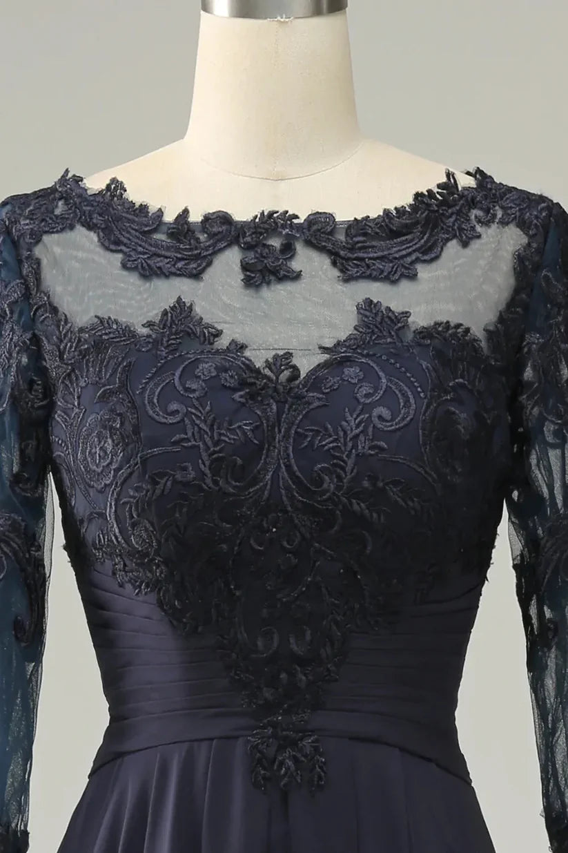 Close-up of the V-neckline and long sleeve detail on the Mother of the Bride dress.