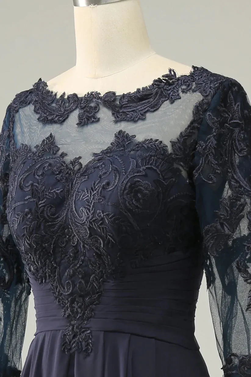 Model wearing the sophisticated asymmetrical gown, showing its flowy silhouette.