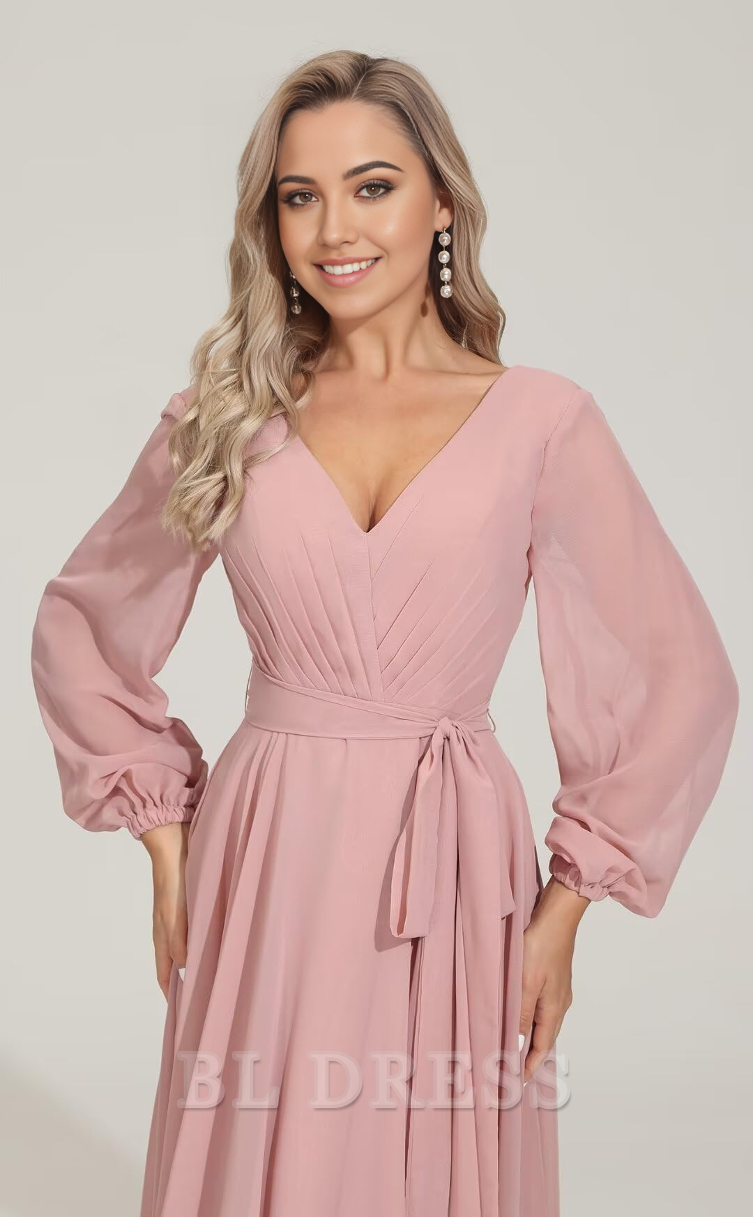 Back view of an A-line V-neck long sleeve chiffon bridesmaid dress.