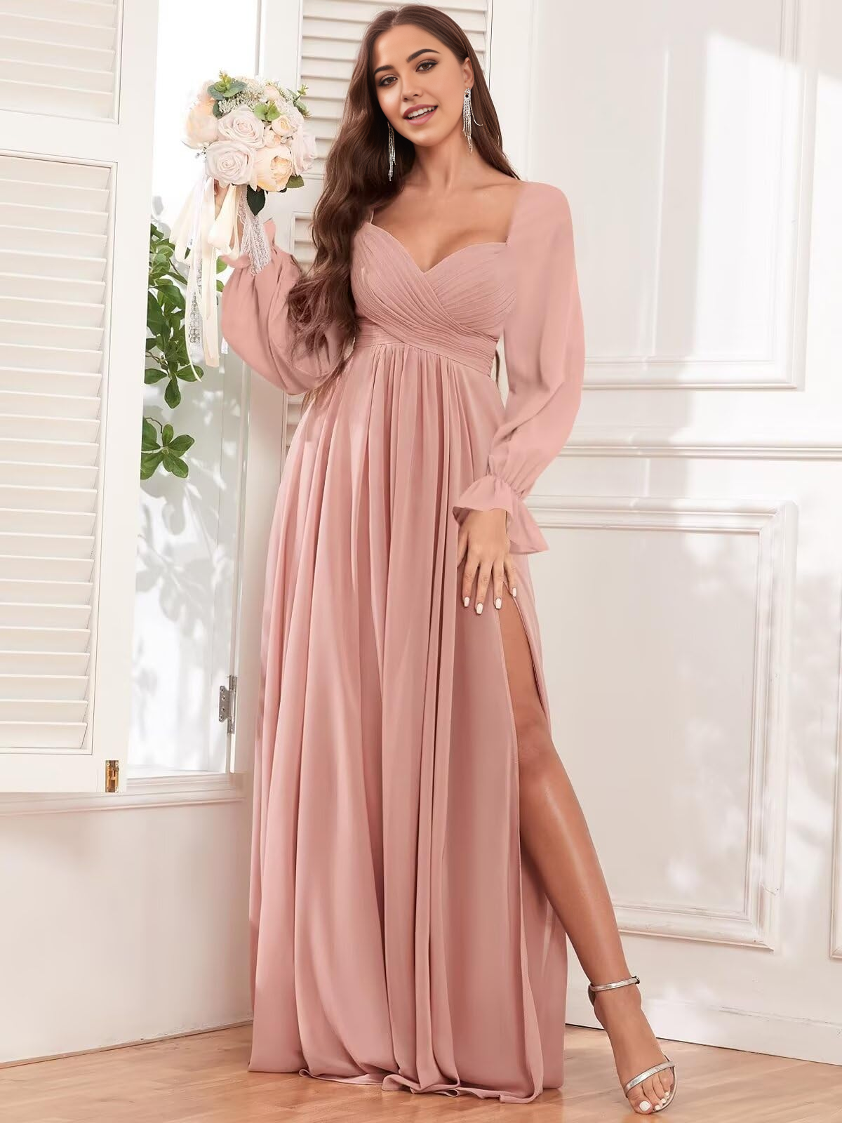 Elegant A-line chiffon formal dress with long sleeves and V-neck, front view on a model.