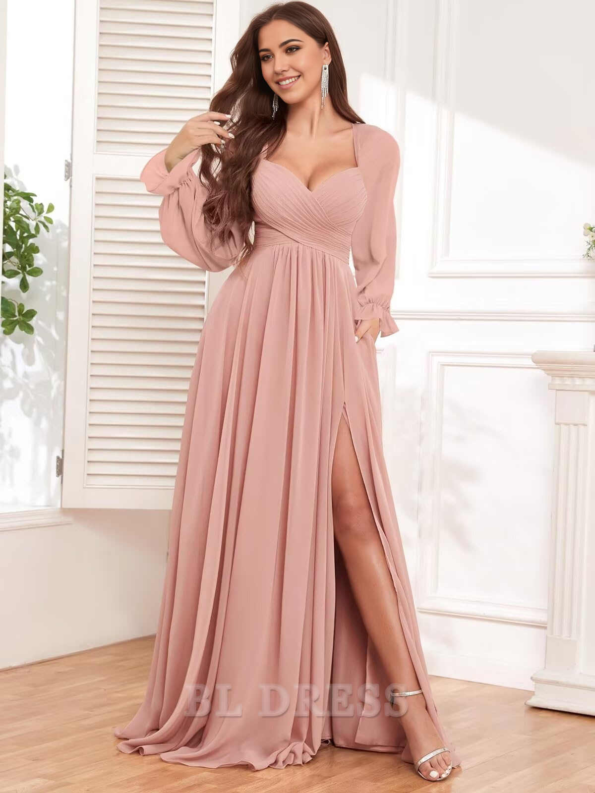Back view of the elegant A-line formal dress, highlighting the flowing chiffon fabric.