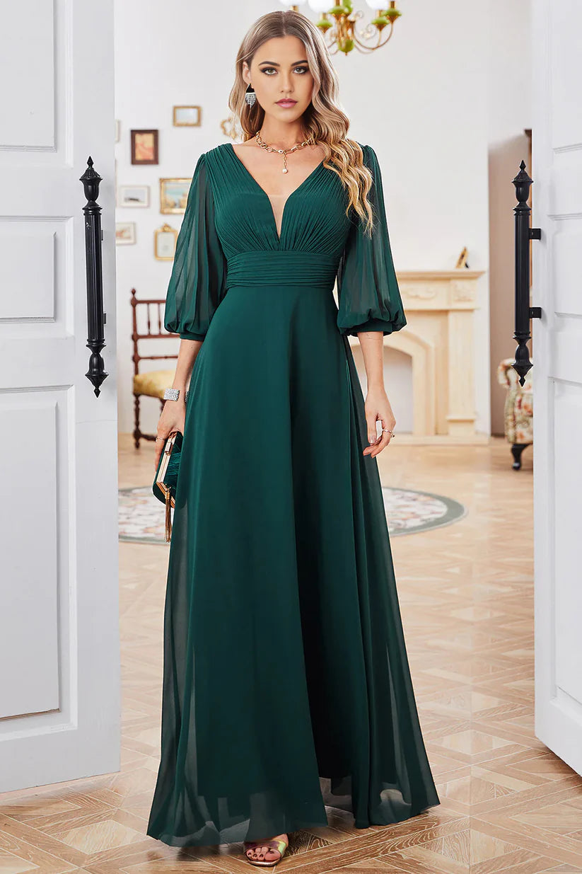 Elegant A-line V-neck long sleeve Mother of the Bride dress.