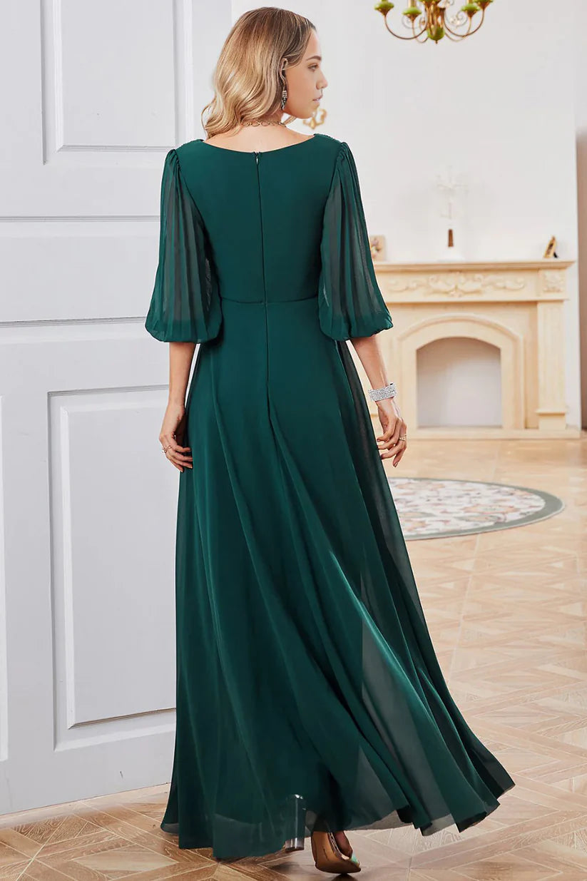 Side view of the A-line V-neck long sleeve Mother of the Bride dress.