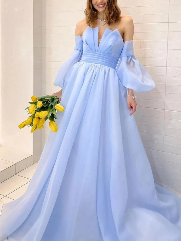 Elegant A-line V-neck long sleeve prom dress, front view.