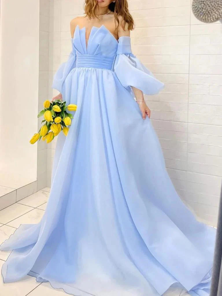 Sophisticated A-line prom dress with long sleeves, back view.