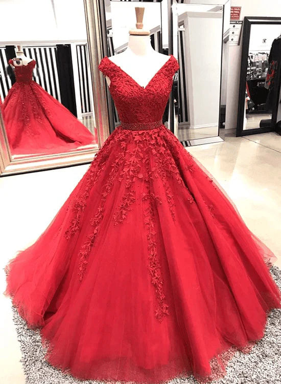 Full length view of the A-line V-neck long sleeve lace prom gown.