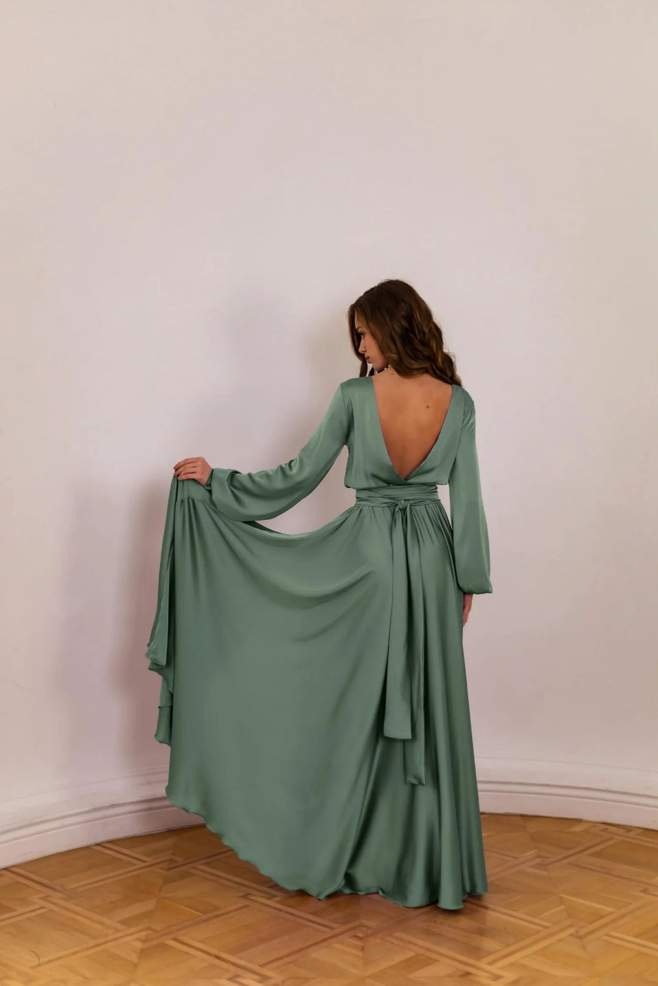 Side view of an A-line V-neck long sleeve maxi dress for formal events.