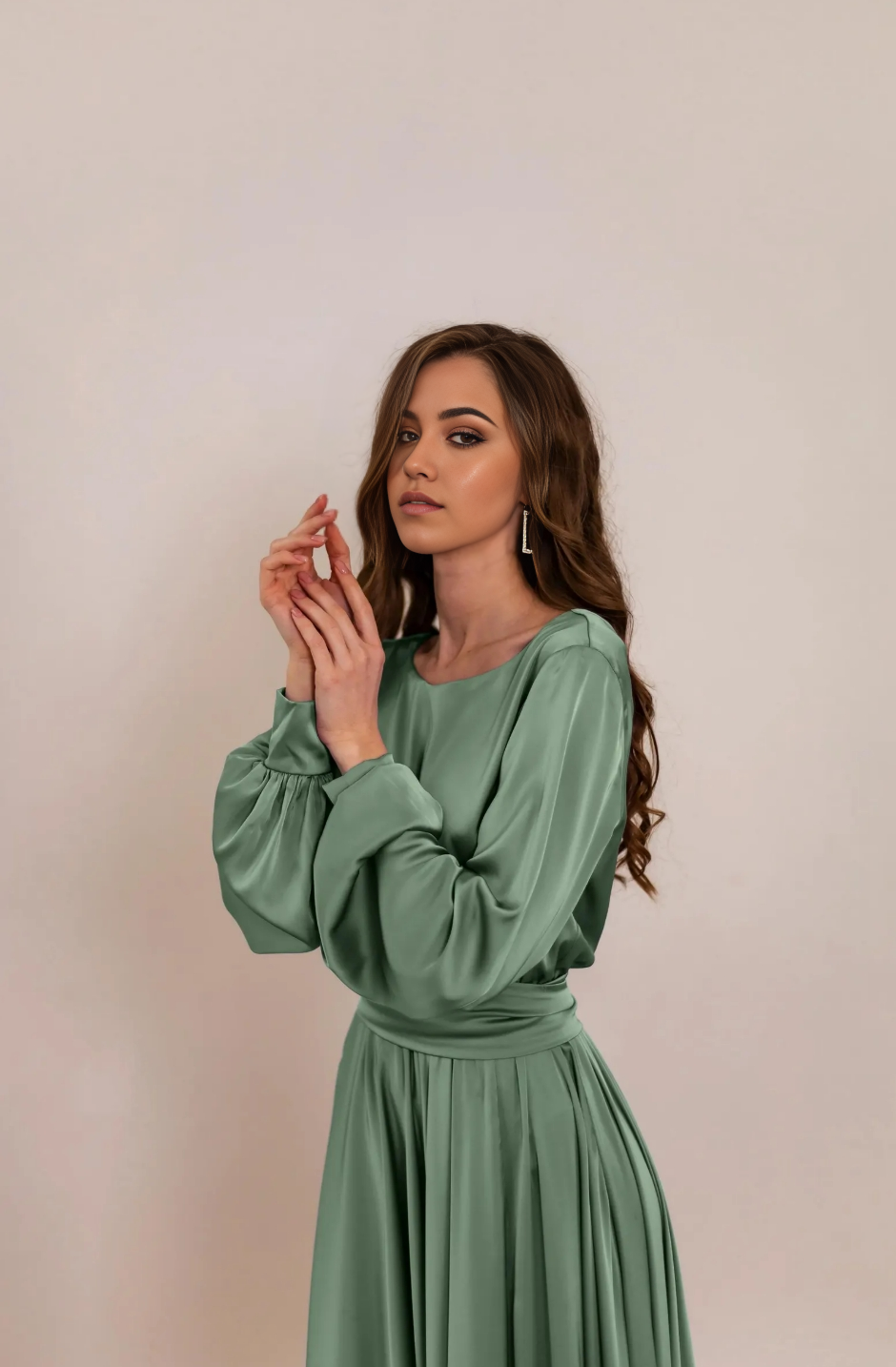 Back view of the A-line V-neck long sleeve formal dress.
