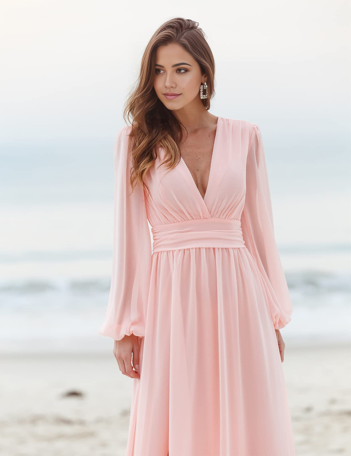 Elegant A-line V-neck long sleeve pleated formal dress with a slit.