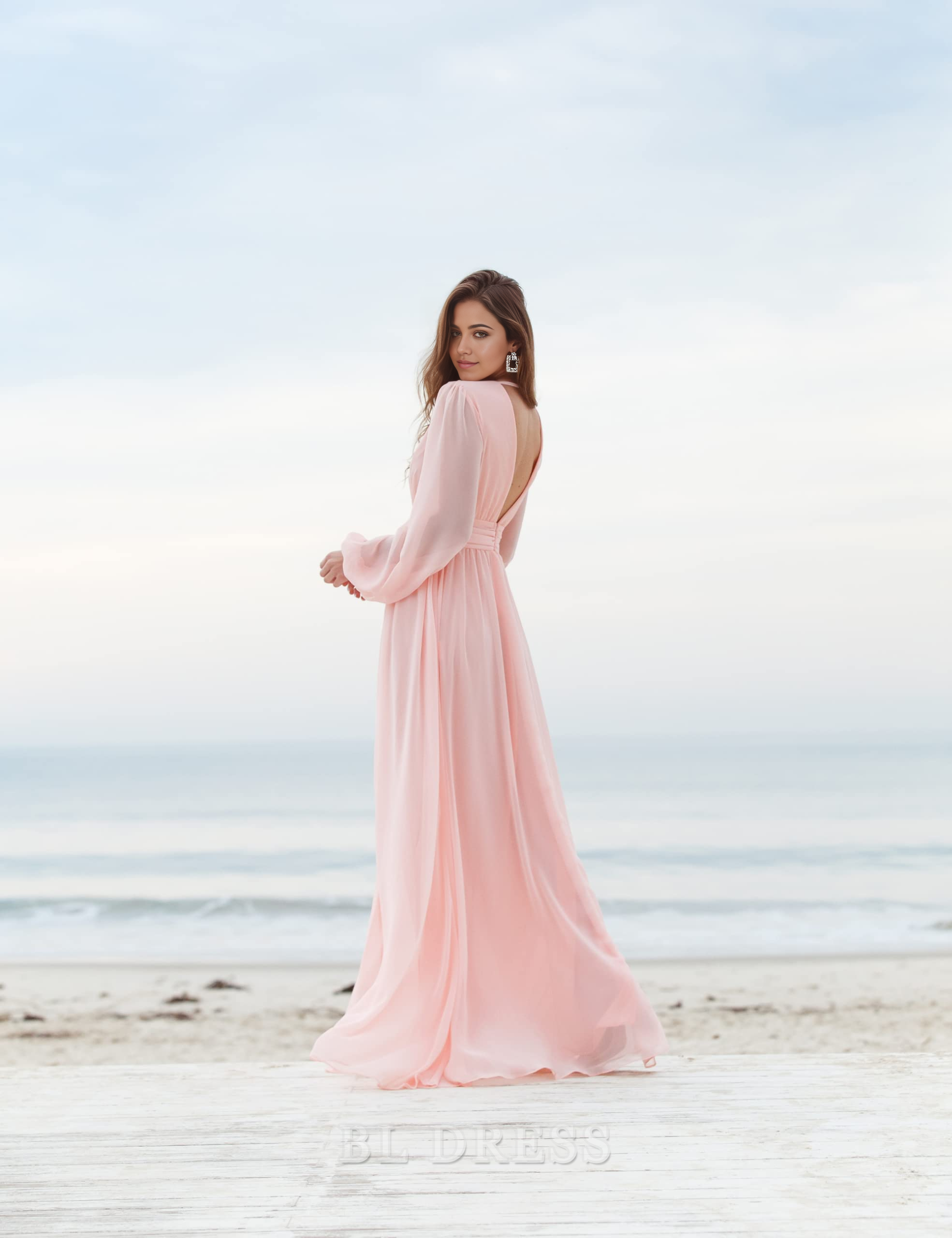 Back view of the A-line V-neck long sleeve pleated formal dress.