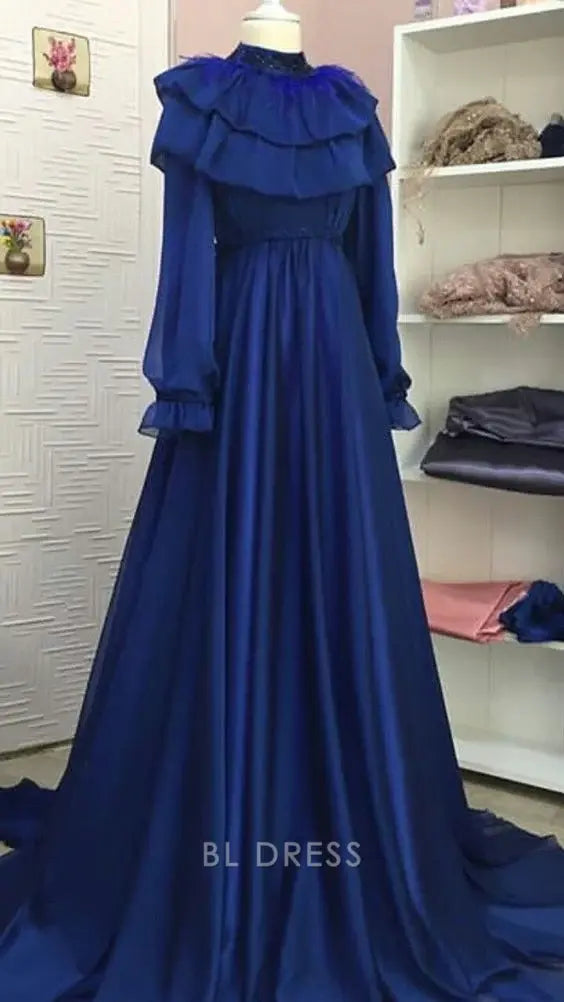 Woman wearing a royal blue A-line V-neck long sleeve formal dress.
