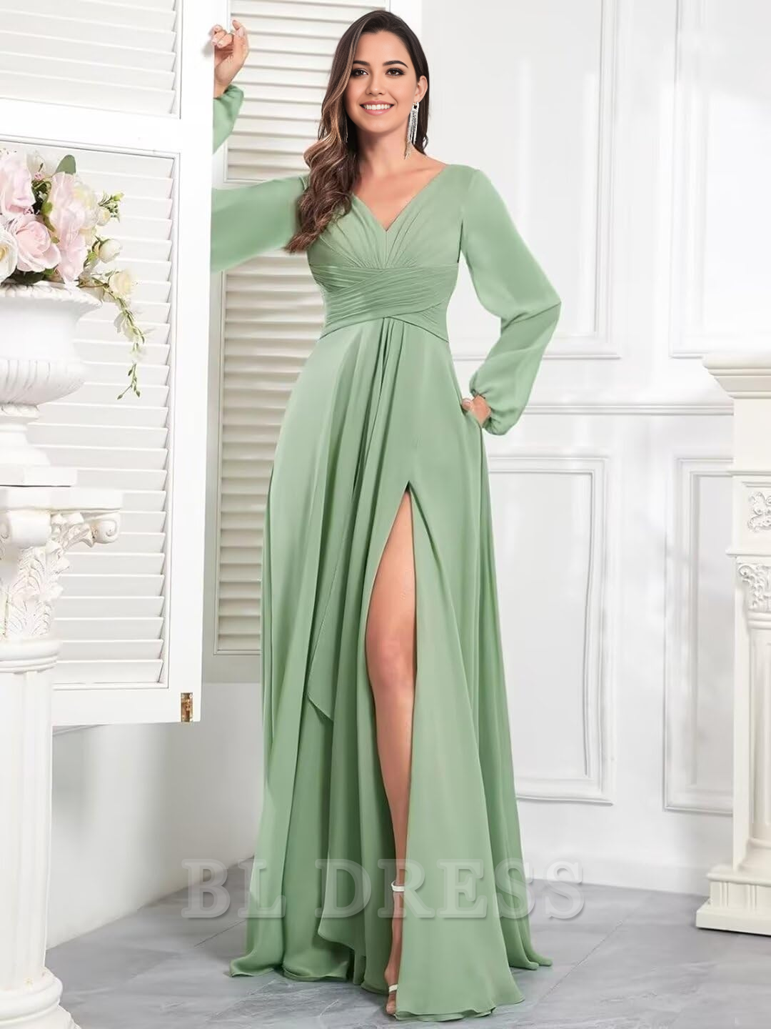 Elegant A-line V-neck chiffon dress with long sleeves and ruffle details.